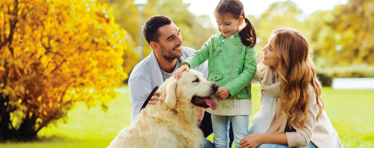 dad, mom and little girl with their dog