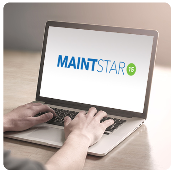 person typing on laptop that displays MainStar 15 logo